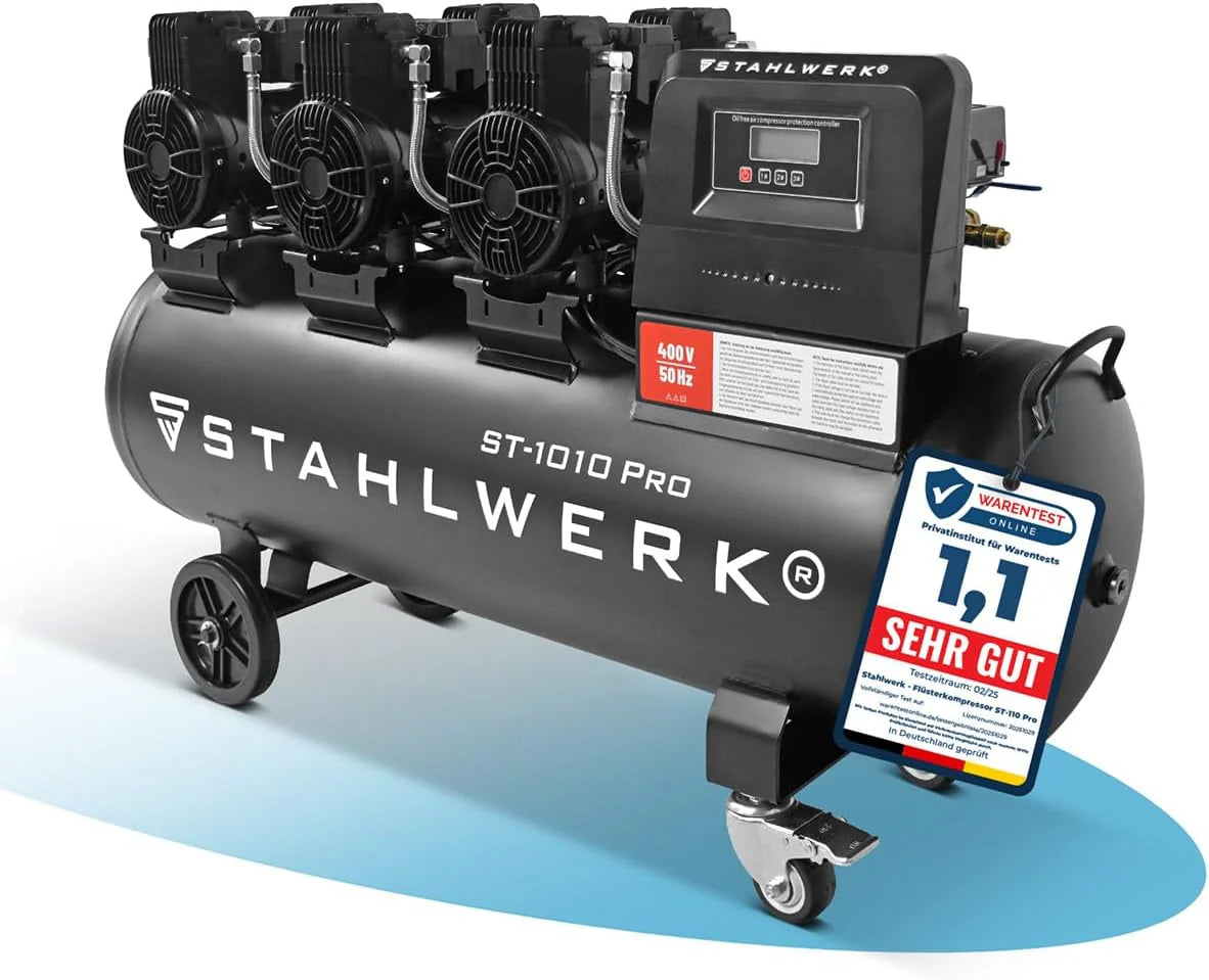 STAHLWERK Compressor met 120 L tank (ST-1010 Pro) – olievrij  geluidsarm, 10 bar, luchtcompressor met borstelloze motoren, 5,91 PK, 4,35 kW, 750 l/min, stille zuigercompressor, fluistercompressor