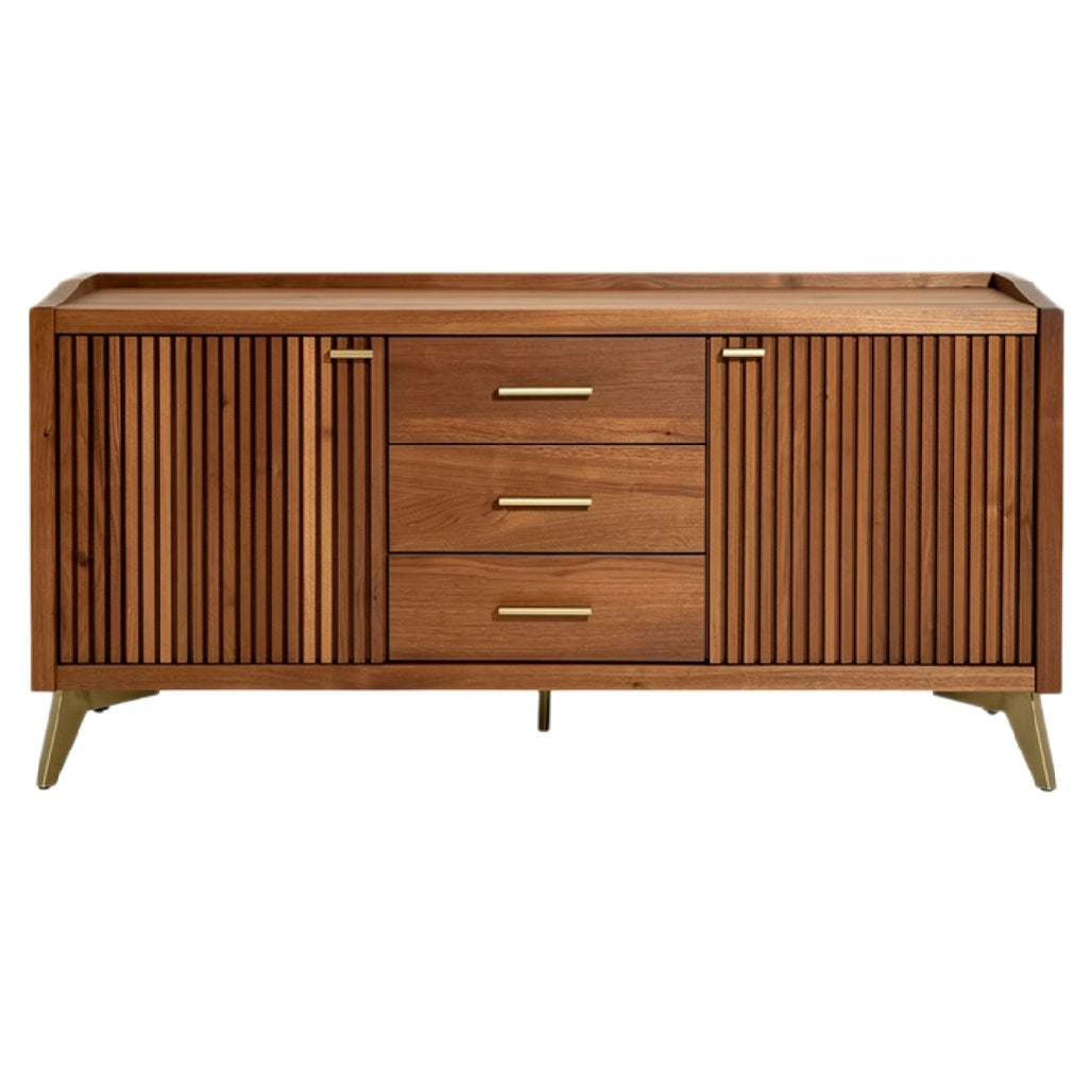 Technische Titel: "Moderne Houten Dressoir met Gestreepte Deuren en Gouden Handgrepen"