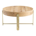 **Minimalistische ronde salontafel met houten blad en gouden metalen poot**
