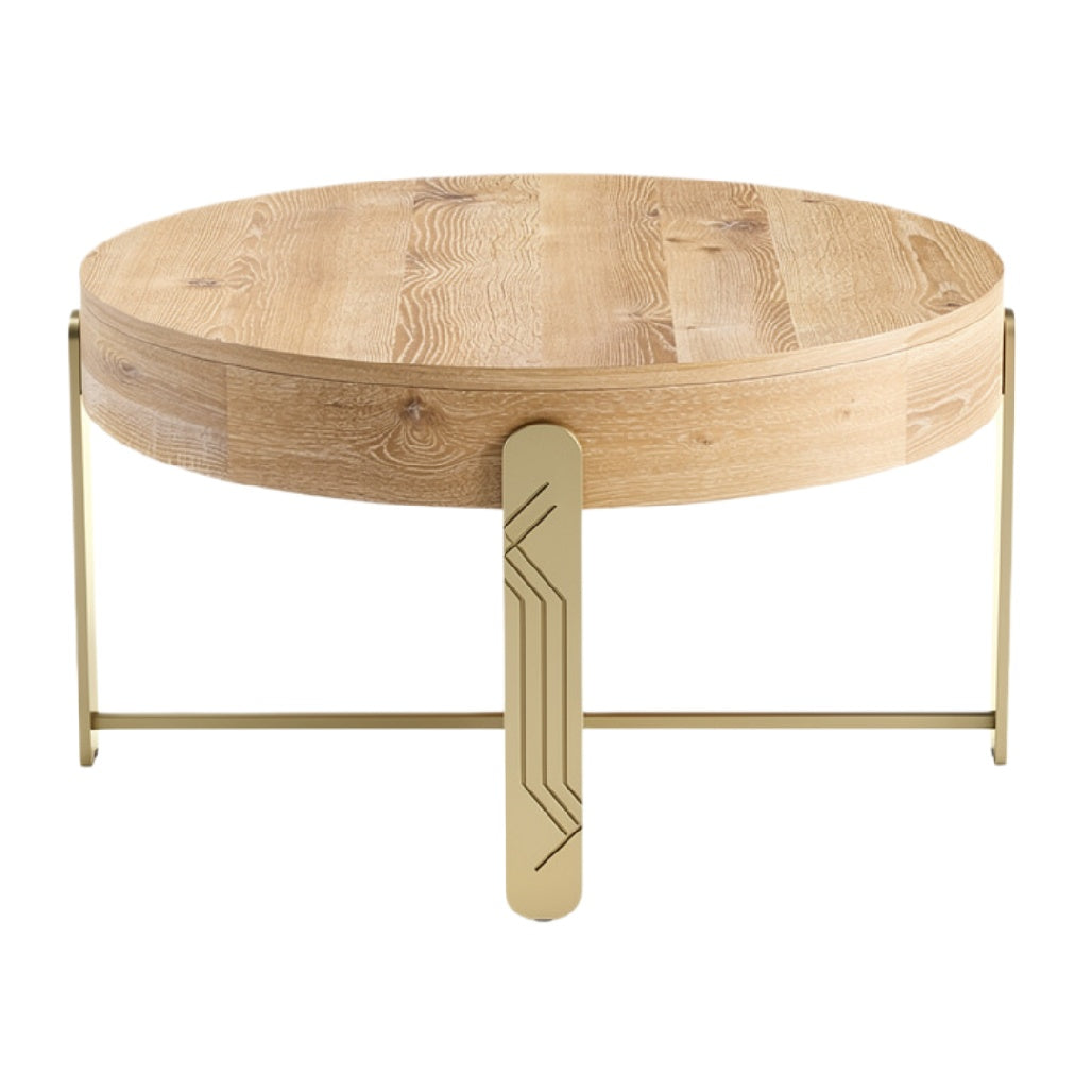 **Minimalistische ronde salontafel met houten blad en gouden metalen poot**