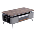 Moderne coffee tafel met houten bovenblad en opbergruimte in diverse kleuren.