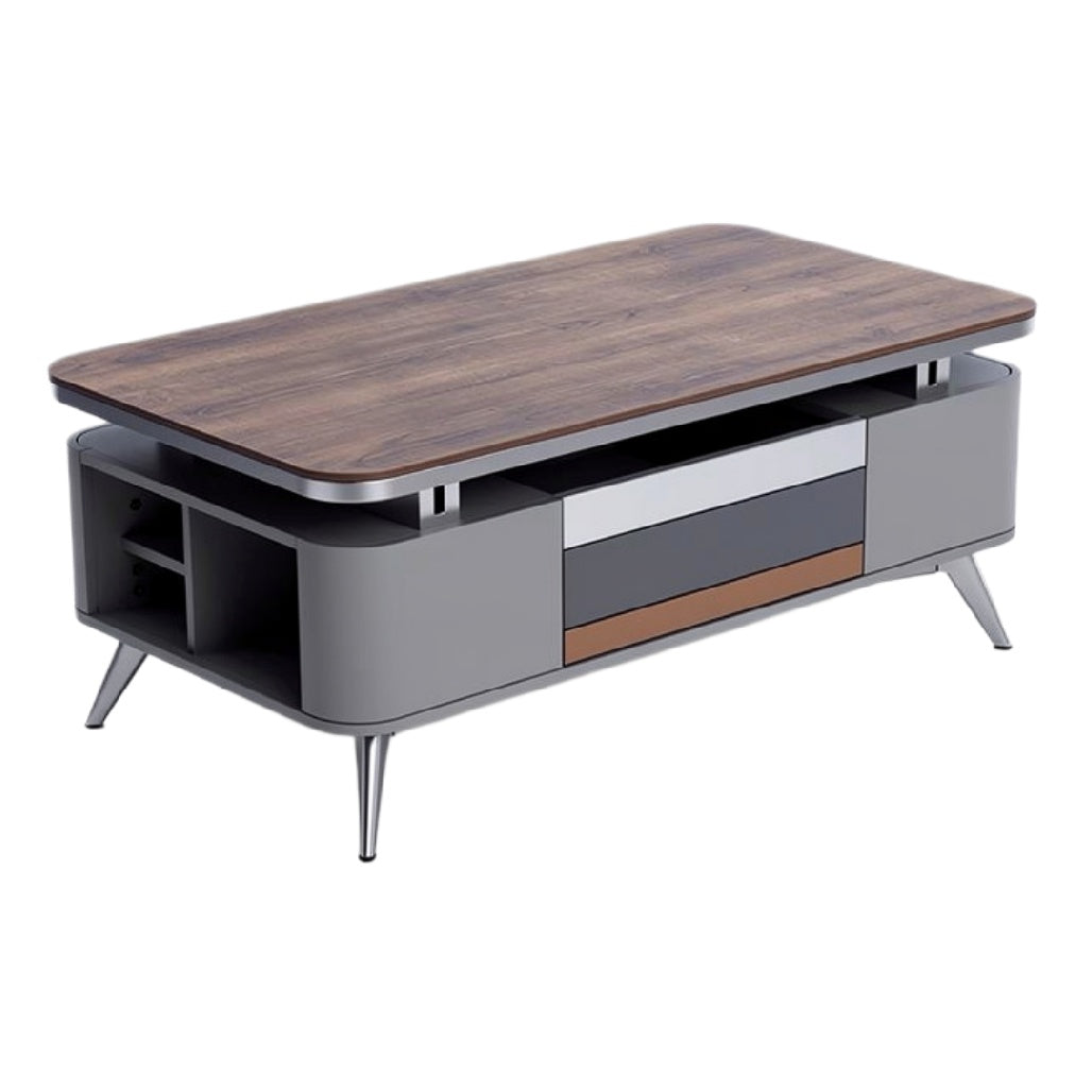 Moderne coffee tafel met houten bovenblad en opbergruimte in diverse kleuren.