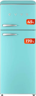 EVVO F45 retro koelkast met 2 deuren, pastelblauw, koelkast 170 liter, vriezer 45 liter, vintage design, Crisper Zone lade, CFK-vrij, stil (pastelblauw)