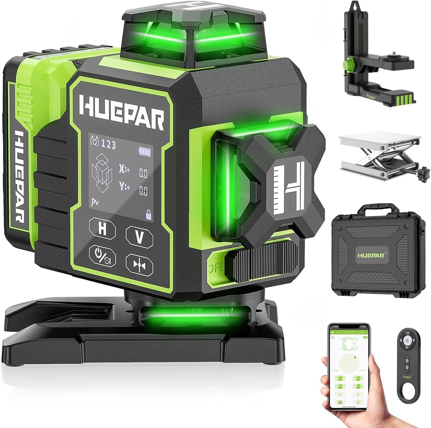 Huepar 2024 nieuwe editie W04CG 4D-laserniveau, LCD-scherm laserniveau met roterende motorbasis, 360 ° zelfnivellerende kruislijnlaser - Bluetooth-afstandsbediening, pulsmodus