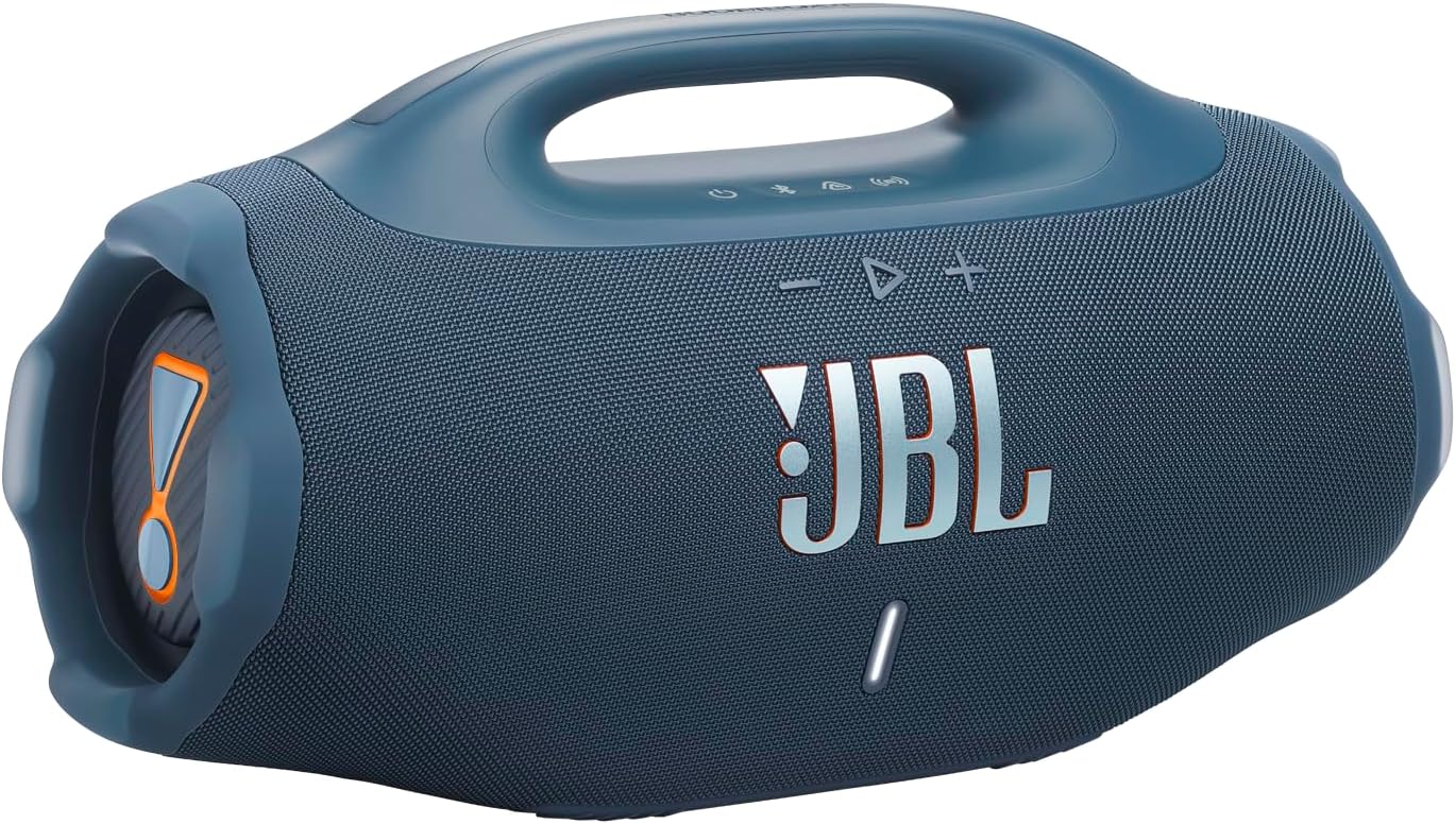 JBL Boombox 4, draagbare Bluetoothspeaker, JBL Pro Sound met AI Sound Boost, IP68 water- en stofdicht, tot 34 uur afspeeltijd, Auracast multi-speakerverbinding, twee bassboost-instellingen, blauw