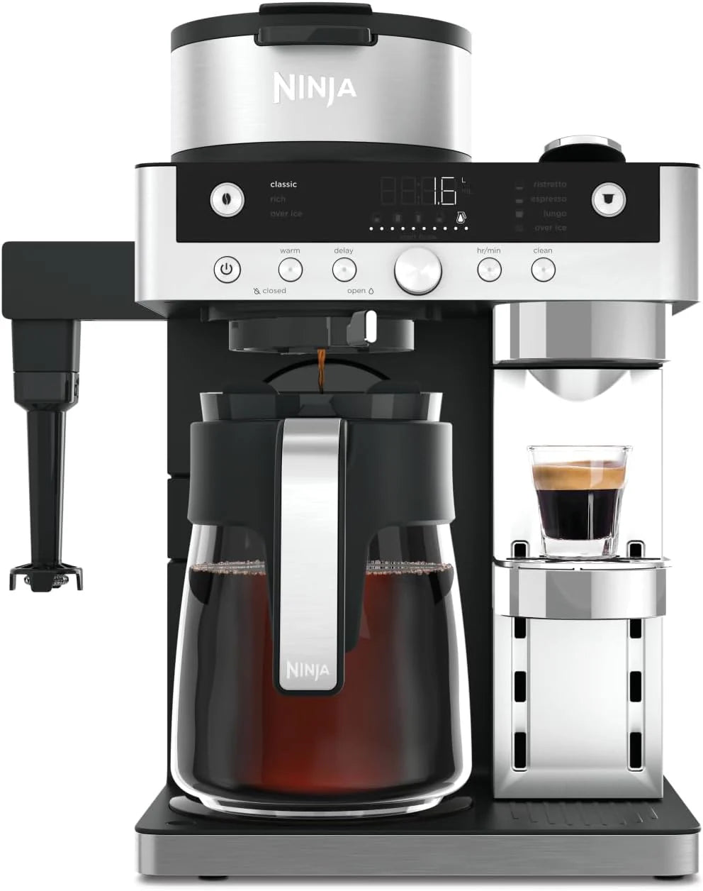 Ninja Prestige 2-in-1 koffiezetapparaat met ingebouwde melkopschuimer voor filterkoffie en capsules, maak lattes, ijskoffie en flat whites, Zwart CFN802EU