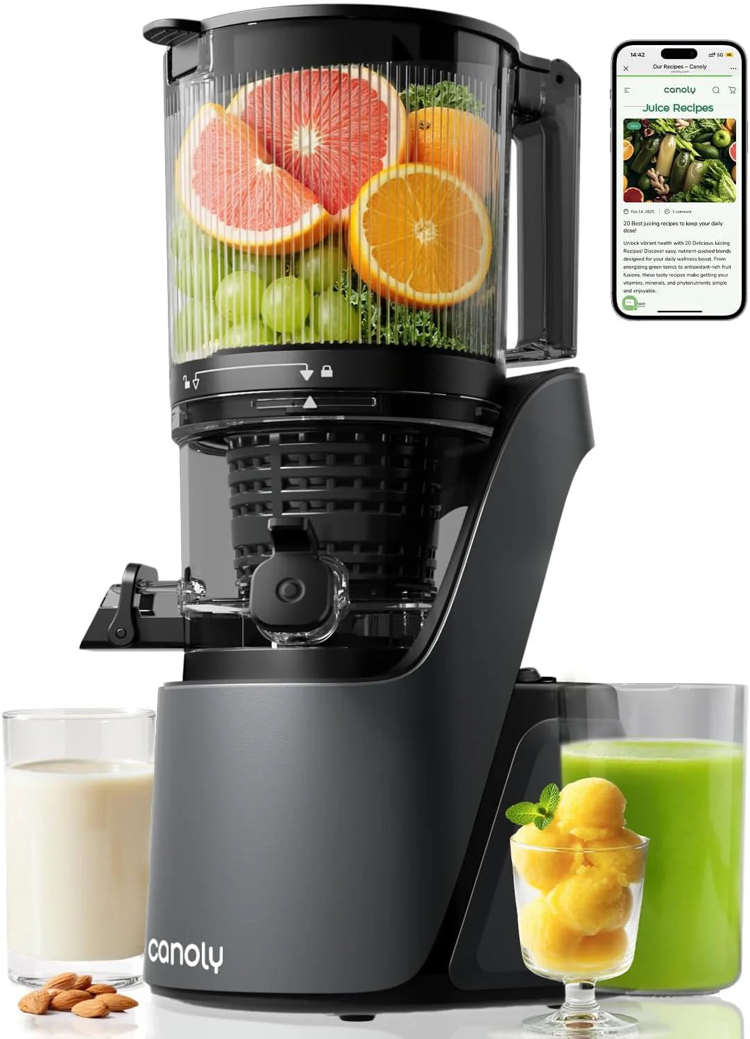 Canoly Sapcentrifuge met extra groot vulgat 150 mm, 3-in-1 zeef (voor sap, sorbet- en notenmelk), 2,6 liter vulvolume, slowjuicer met AC-motor, systeem