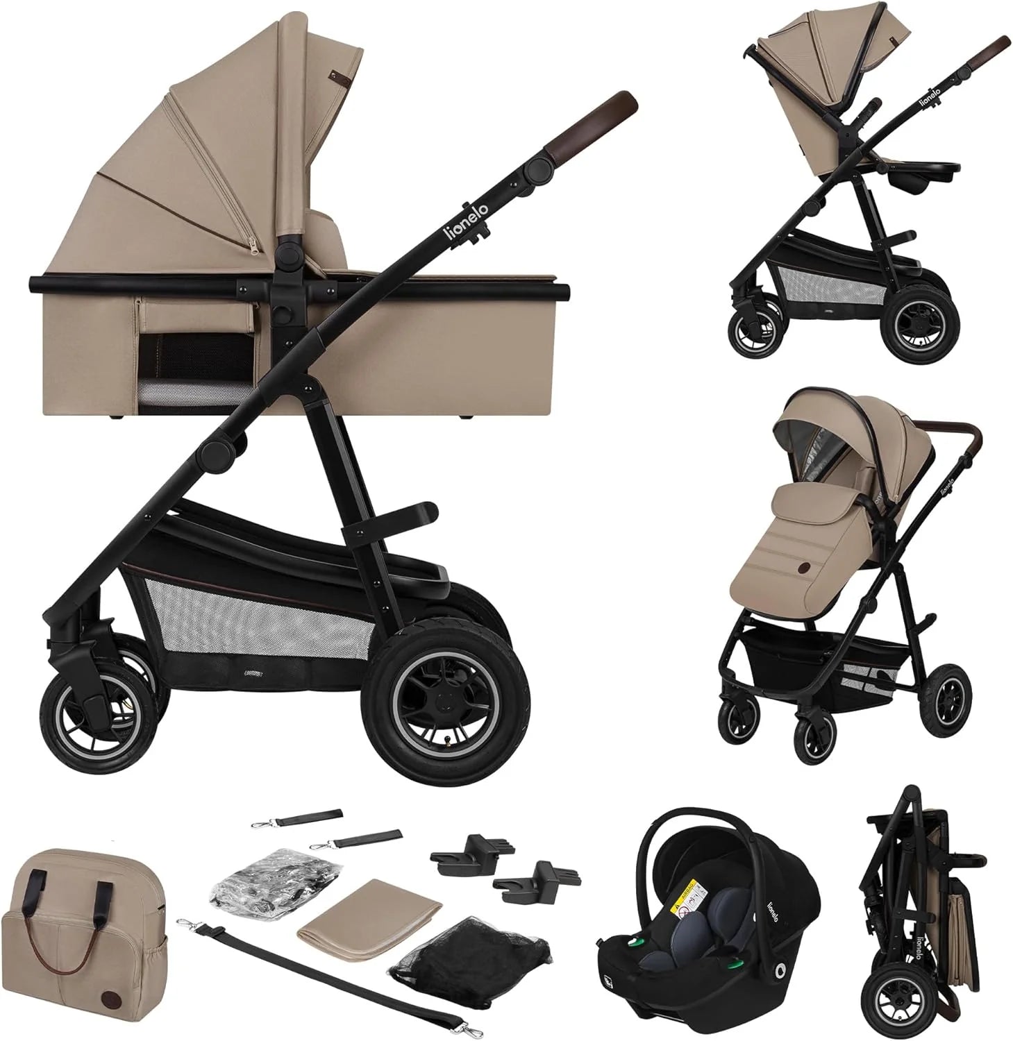 LIONELO Amber 3 in 1 - Combi Kinderwagen | Complete Set: Reiswieg, Buggy, Autostoel ADAC gecertificeerd | Pompwielen met goede full vering | Comfortabel Matras, Luiertas, Vanaf geboorte tot 4 jaar(Beige Zand/LO-AMBER 3IN1)