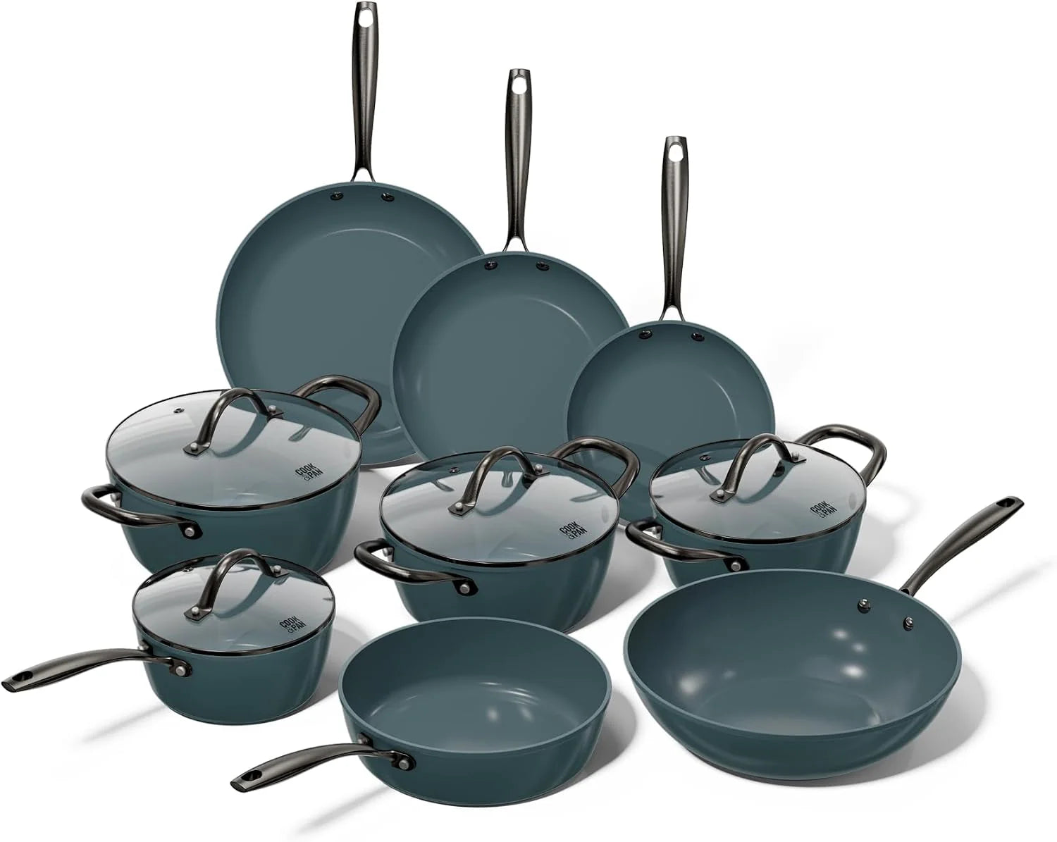 Cook  Pan - Slate Pannenset 9-delig -Geschikt voor alle warmtebronnen, inclusief inductie – PFAS-vrij- Keramische Anti-aanbaklaag -Vaatwasserbestendig -Aluminium- Cool Touch Handvat -Slate