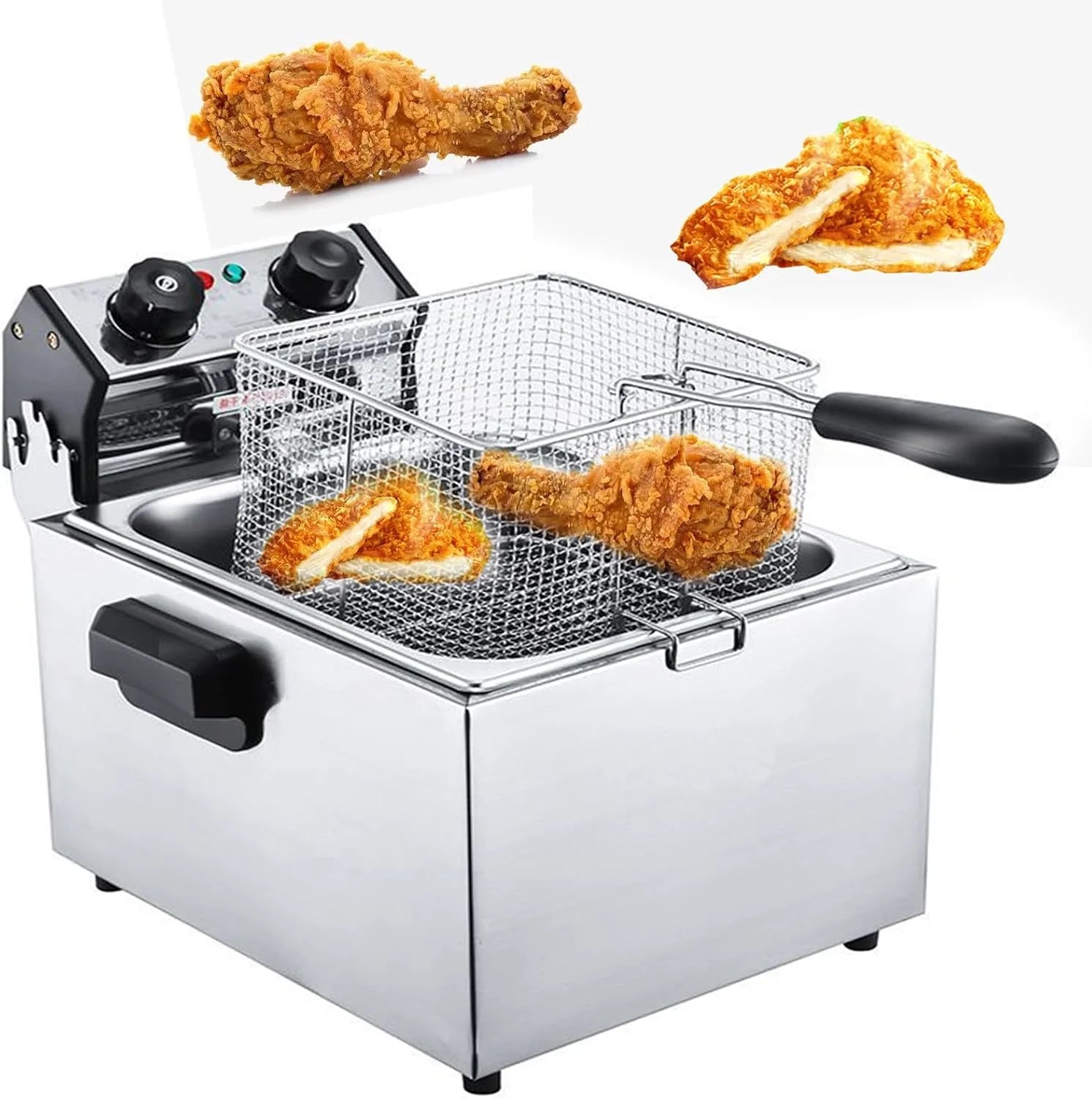 Grote roestvrijstalen frituurpannen, instelbare temperatuur van 50-200 °C, met manddeksels voor friet, kip en garnalen (12 liter)(6L)